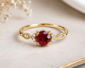 Handmade Ruby Ring, Gold-Tone Leaf Motif, Round Gemstone, Gift for her