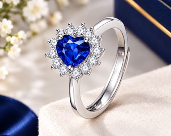 Sapphire Ring, 14K Solid Gold Heart Blue Sapphire Engagement Jewelry, Delicate Gemstone Anniversary Gift
