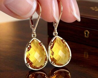 Citrine Earrings, November Birthstone, Gold Teardrop Dangle, Gift for Wife Mom Bridesmaid