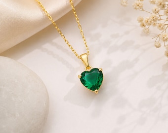 14K Solid Gold Heart Pendant Necklace, Faceted Emerald May Birthstone Charm,gift for her
