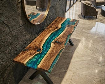 Consolle in legno con resina epossidica blu realizzata a mano, moderno tavolo da ingresso in resina effetto fiume