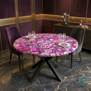 Table de salle à manger de luxe en agate rose, table ronde en résine époxy, table de cuisine moderne, fabriquée sur commande
