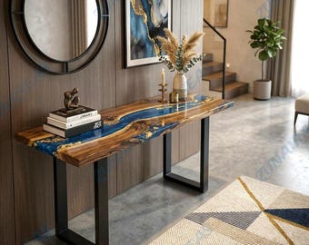 Luxury Blue Resin Console Table, Solid Acacia Wood River Table, Custom Handmade