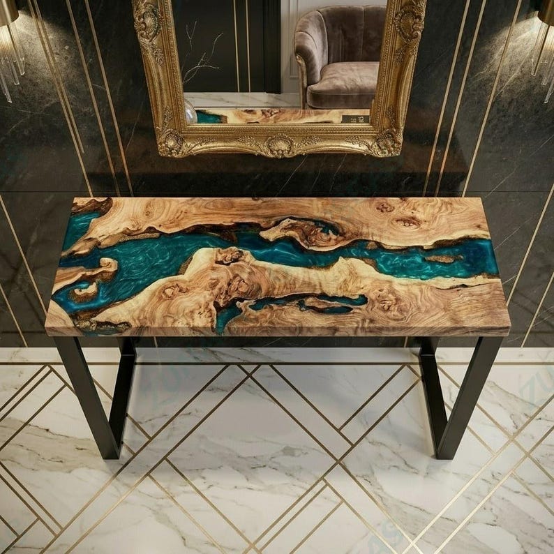 Olive Wood Epoxy River Console Table, Blue Resin Hallway Table, Live ...