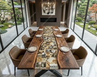 Mesa de comedor de madera con resina epoxi personalizada, mesa de resina con foto personalizada, mueble para guardar recuerdos.