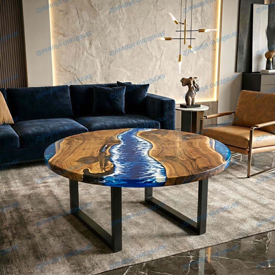 Ocean Wave Epoxy Resin Coffee Table, Blue Beach Wood Round Centerpiece ...