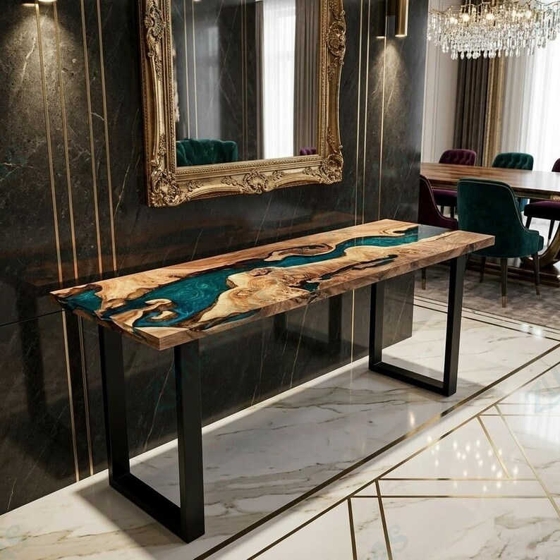 Olive Wood Epoxy River Console Table, Blue Resin Hallway Table, Live ...