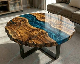 Tavolino rotondo di lusso con bordo naturale, in resina epossidica blu, moderno e rustico.