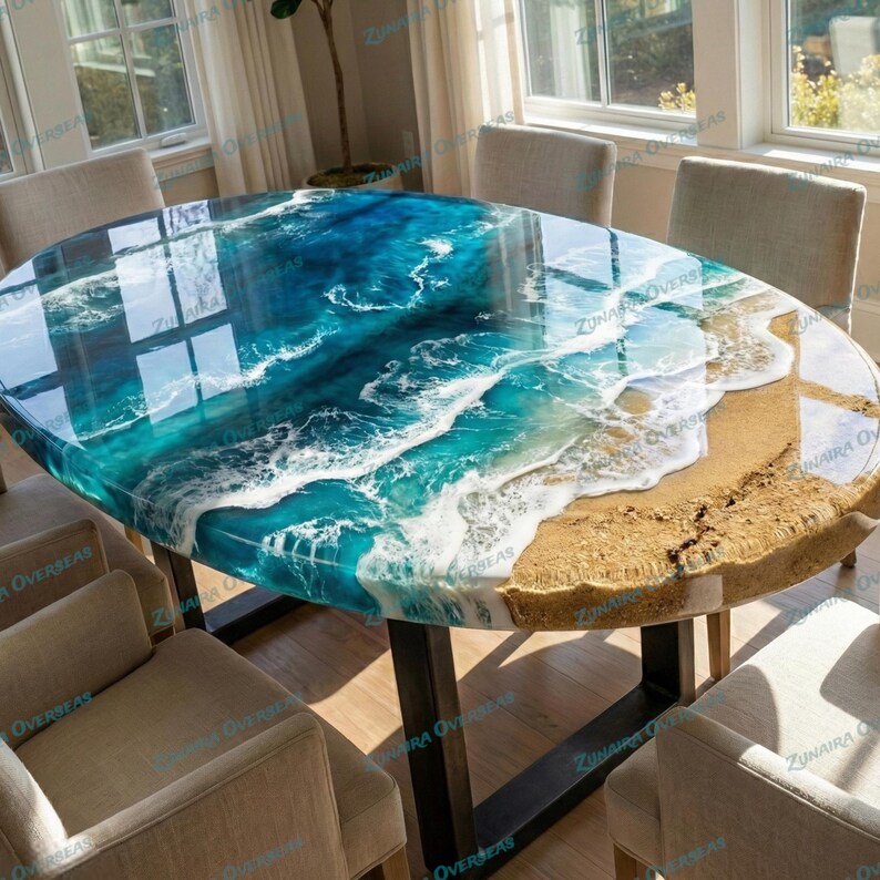 Handmade Ocean Wave Epoxy Table – Oval Coastal Dining Table, Luxury ...