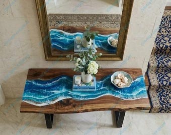 Live Edge Wood Ocean Wave Console Table, Epoxy Resin Entryway Table, Handmade Coastal Furniture