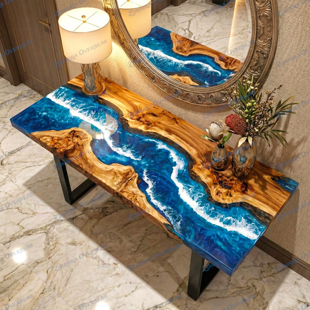 Ocean Wave Epoxy Resin Entryway Table, Handmade Wood Console, Coastal ...