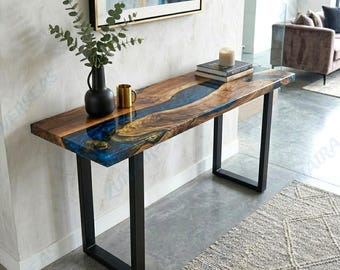 Mesa consola de resina epoxi azul con diseño de río, mesa de entrada de madera de acacia hecha a mano, estilo moderno para pasillo.