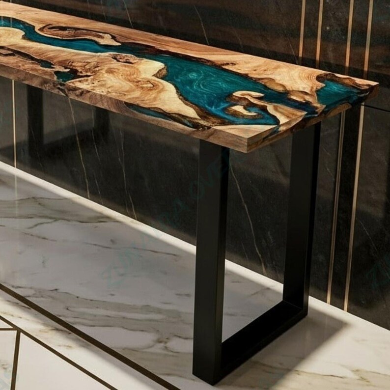 Olive Wood Epoxy River Console Table, Blue Resin Hallway Table, Live ...
