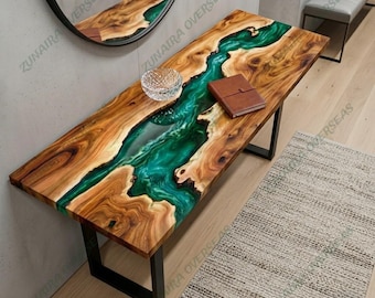 Konsolentisch aus grünem Harz und Holz, moderner rustikaler Eingangstisch, handgefertigt