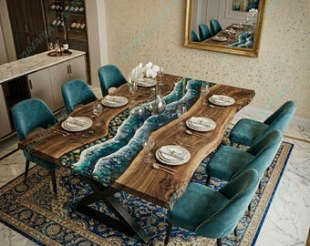 Mesa de comedor de lujo con revestimiento de resina epoxi y efecto de piedra de río, mesa de madera con borde natural y diseño de olas del océano.