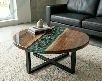 Green Metallic Epoxy River Stone Wood Coffee Table, Handmade Round Rustic Living Room Table