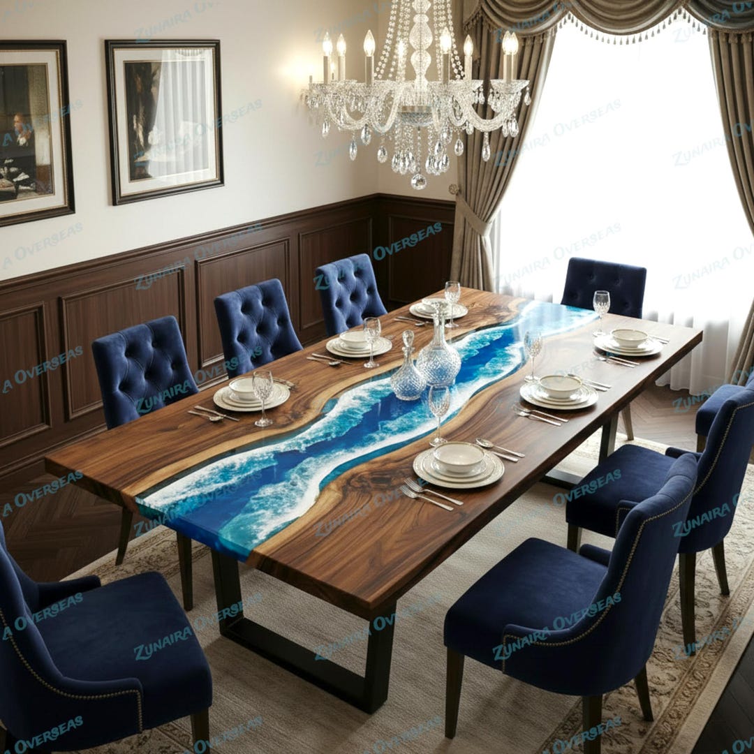 Handmade Ocean Wave Table – Solid Wood & Epoxy Resin Dining Table ...