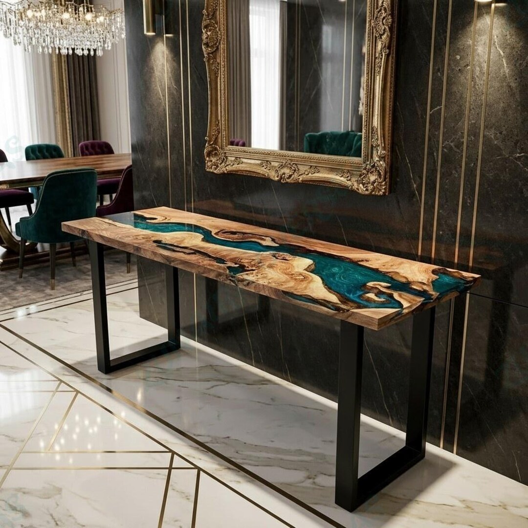 Olive Wood Epoxy River Console Table, Blue Resin Hallway Table, Live ...