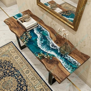 Luxe Ocean Wave Epoxy houten consoletafel met live-rand en River Stone-ontwerp