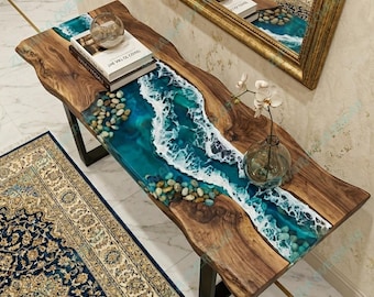 Luxus Ocean Wave Epoxy Live Edge Holz Konsolentisch mit Fluss Stein Design
