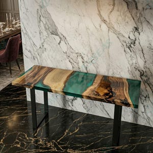 Smaragdgroene epoxy consoletafel, acaciahouten banktafel, op maat gemaakte handgemaakte halmeubels