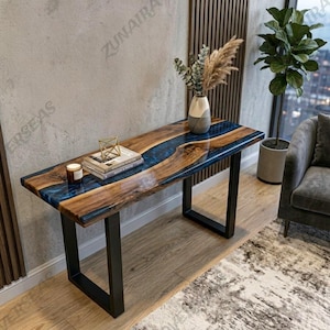 Blue Epoxy River Console Table, Acacia  Entryway Table, Handmade Resin Sofa Modern Hallway Furniture