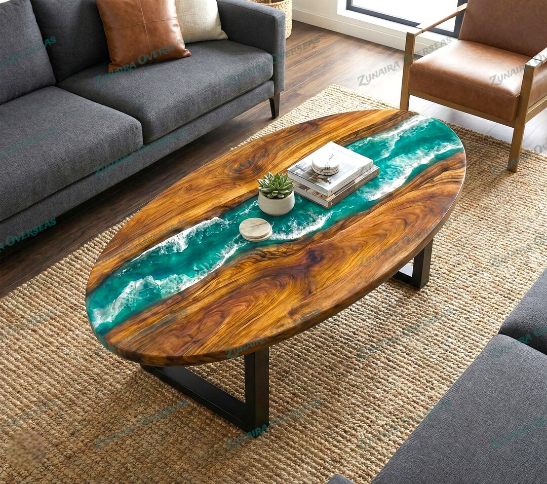 Luxury Ocean Wave Coffee Table – Oval Natural Wood Epoxy Resin, Modern ...