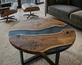 Handgefertigter runder Couchtisch lichtdurchlässiger blauer Epoxy Massivholz-Harz-Tisch Benutzerdefinierte moderne Möbel