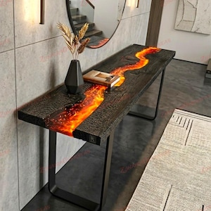 Handmade Burned Wood Lava Epoxy Resin Console Table, Rustic Modern Hallway Furniture