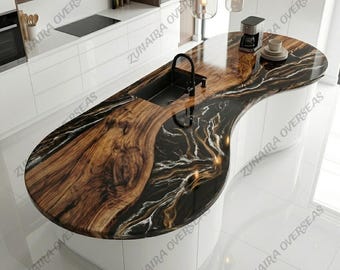 Piano isola cucina in legno verniciato a mano con resina epossidica nera, stile moderno e rustico.