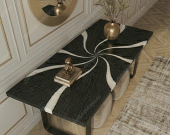 Ręcznie robiony stolik wejściowy z czarnego drewna z żywicą epoksydową, biały stolik konsolowy z abstrakcyjnym wzorem