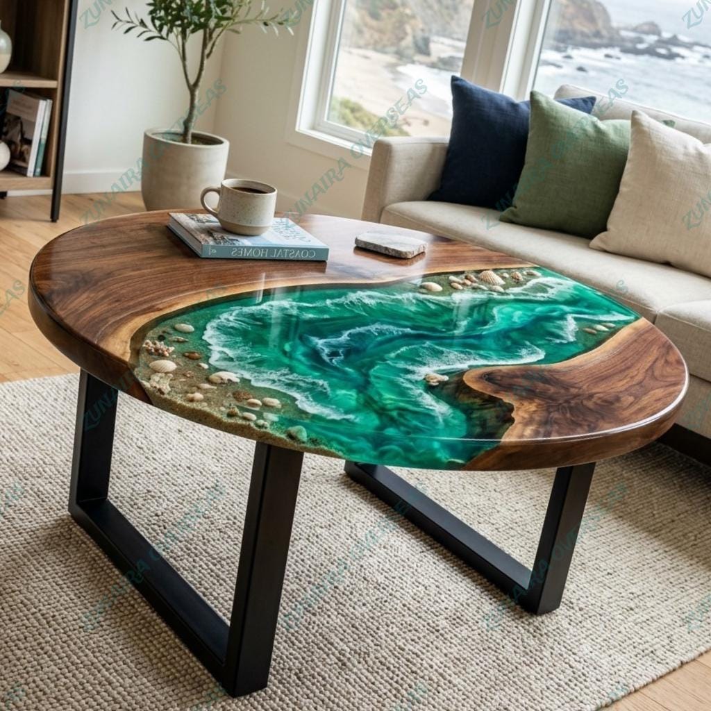 Ocean Wave Epoxy Resin Coffee Table: Handmade Coastal Wood Furniture - Etsy