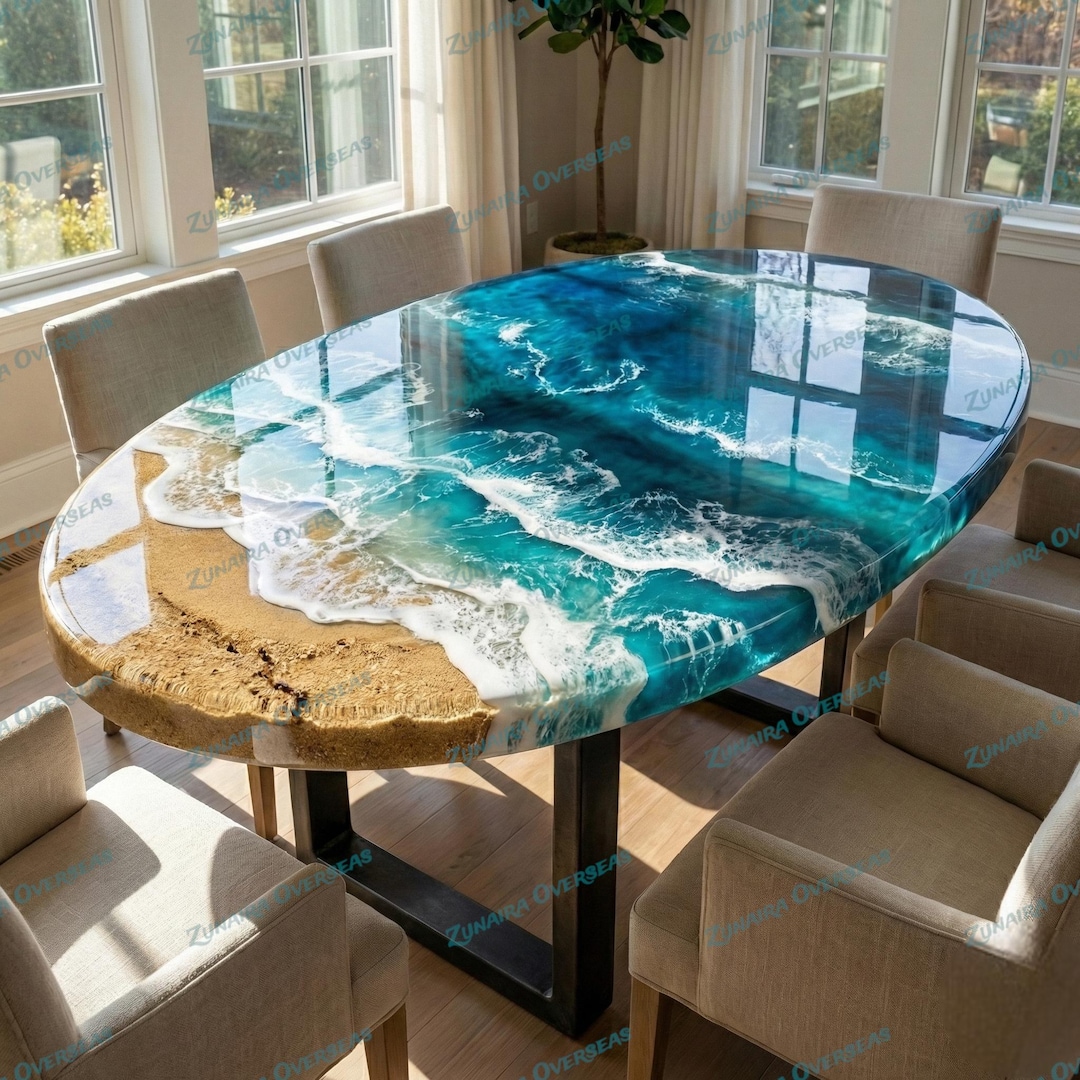 Handmade Ocean Wave Epoxy Table – Oval Coastal Dining Table, Luxury ...