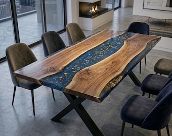 Mesa de comedor hecha a mano, resina epoxi azul, madera maciza, mesa River, muebles personalizados.