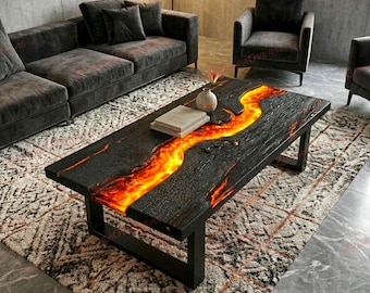 Fire Lava Epoxy River Coffee Table, Burnt Wood Handmade Center Table, Unique Living Room
