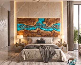 Handmade Epoxy River Headboard, Natural Wood Slab Wall Decor, Turquoise Ocean Resin Art Decor Home