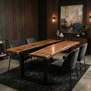 Black Epoxy Resin Live Edge Dining Table, Modern Rustic Wood Furniture