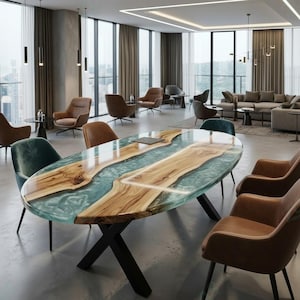 Handcrafted Oval Dining Table Blue Epoxy Solid Wood Luxury Modern Table