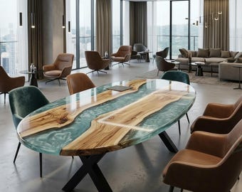 Handcrafted Oval Dining Table Blue Epoxy Solid Wood Luxury Modern Table
