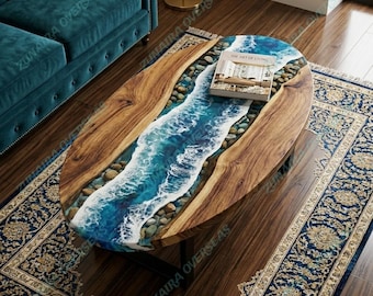 Mesa de centro ovalada de lujo, color azul océano, resina epoxi, madera natural y piedra de río.