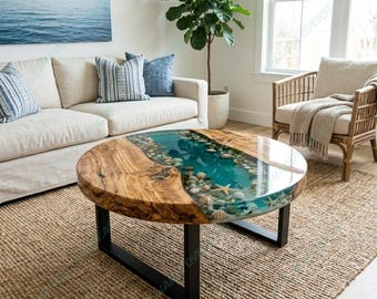 Mesa redonda de madera con resina epoxi translúcida color verde azulado hecha a mano, mesa de centro rústica moderna, centro de mesa