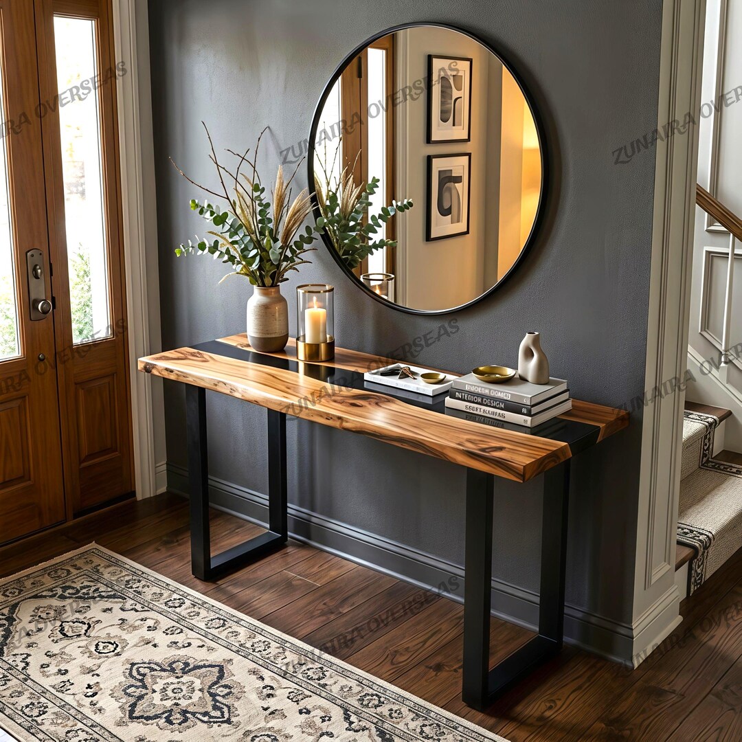 Black Epoxy Resin Console Table, Solid Wood Entryway Console, Modern ...