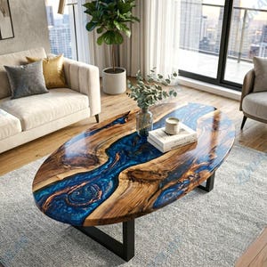 Handgefertigter Couchtisch aus blauem Epoxy Akazienholz, ovaler Flusstisch, Live Edge Holztisch, moderne rustikale Wohnzimmermöbel
