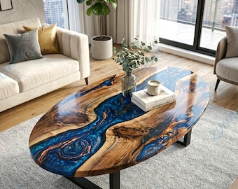 Handcrafted Blue Epoxy Acacia Wood Oval Coffee Table, Live Edge River Furniture