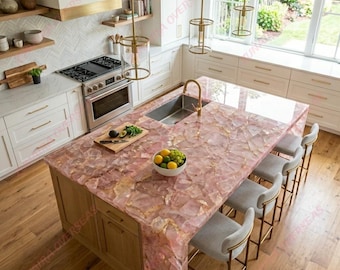 Encimera de cocina de cuarzo rosa hecha a medida, encimera de piedra de lujo, losa hecha a mano