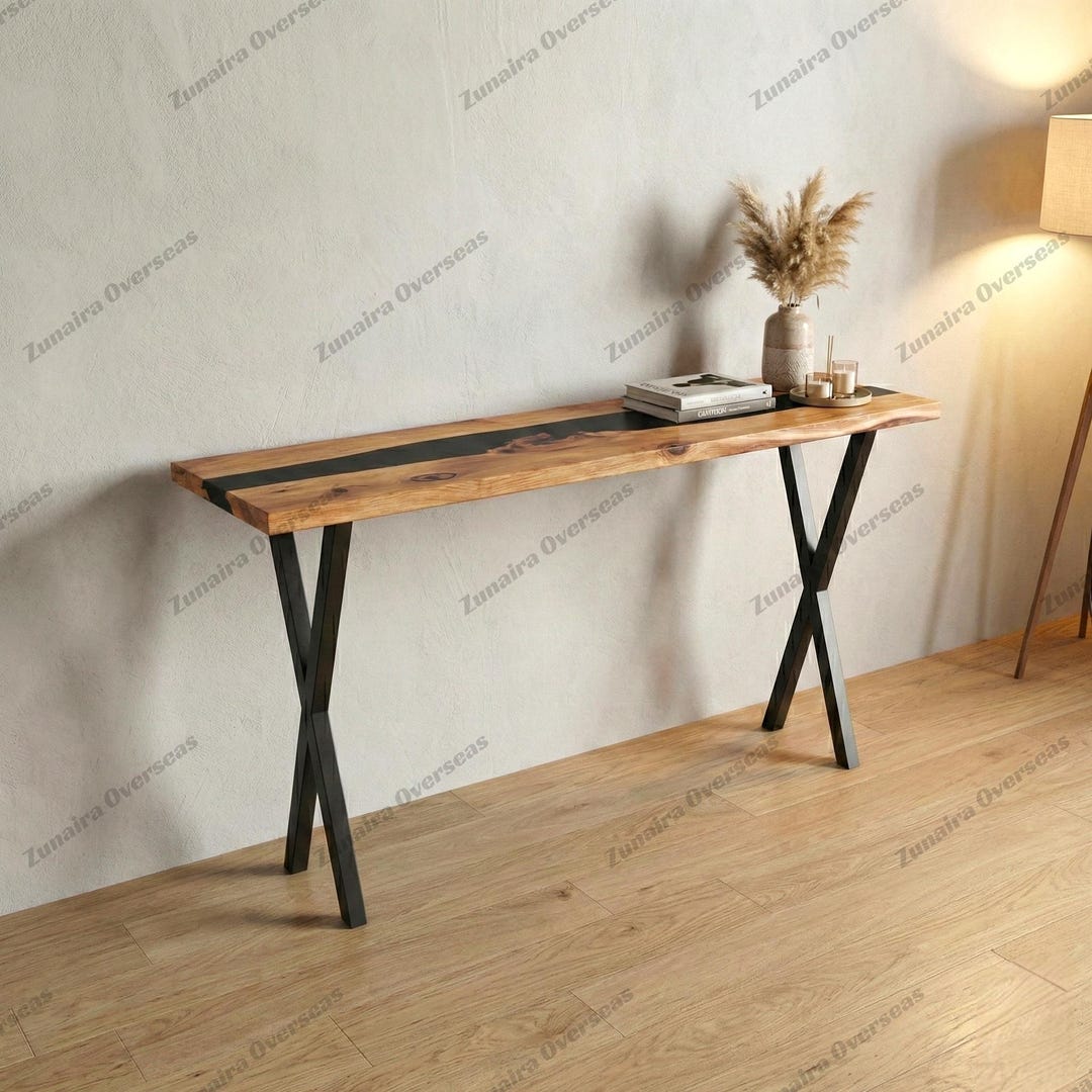Narrow Console Table – Natural Wood With Black Epoxy – Entryway Hallway ...