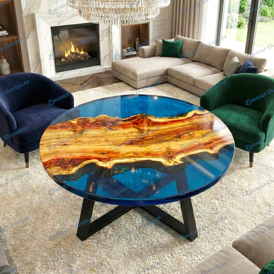 Blue Translucent Round Coffee Table – Natural Wood Modern Living Room ...