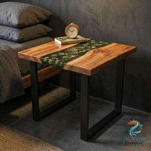 Table d'appoint de luxe en résine époxy, table de chevet en bois avec galets, fabriquée à la main sur commande