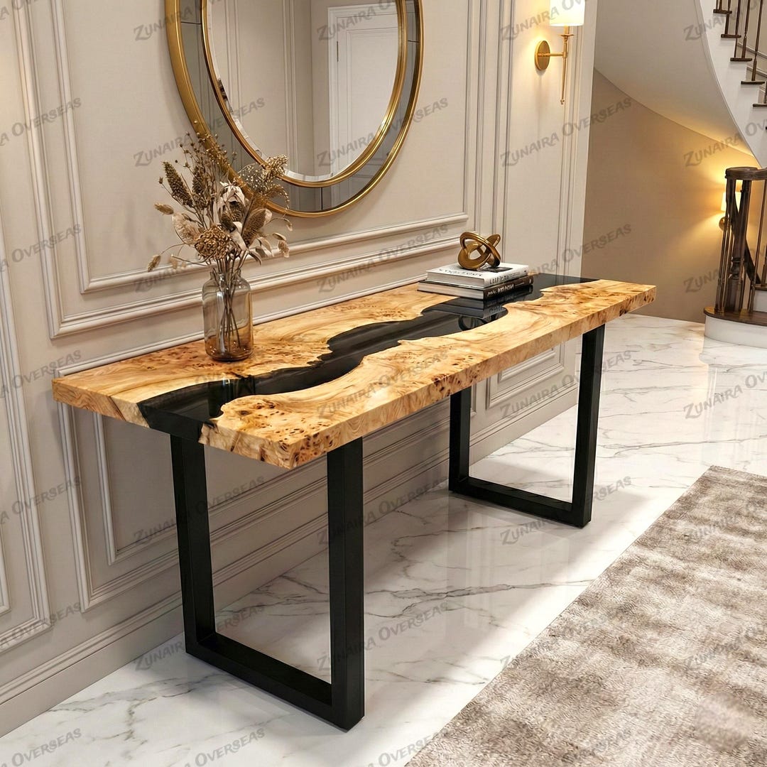 Natural Wood & Black Epoxy Console Table, Handmade Table, Modern Rustic ...