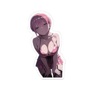 May include: A sticker featuring an anime-style illustration of a character with pink hair and blue eyes. The character is wearing a pink bikini top and matching skirt. The image has a white border.